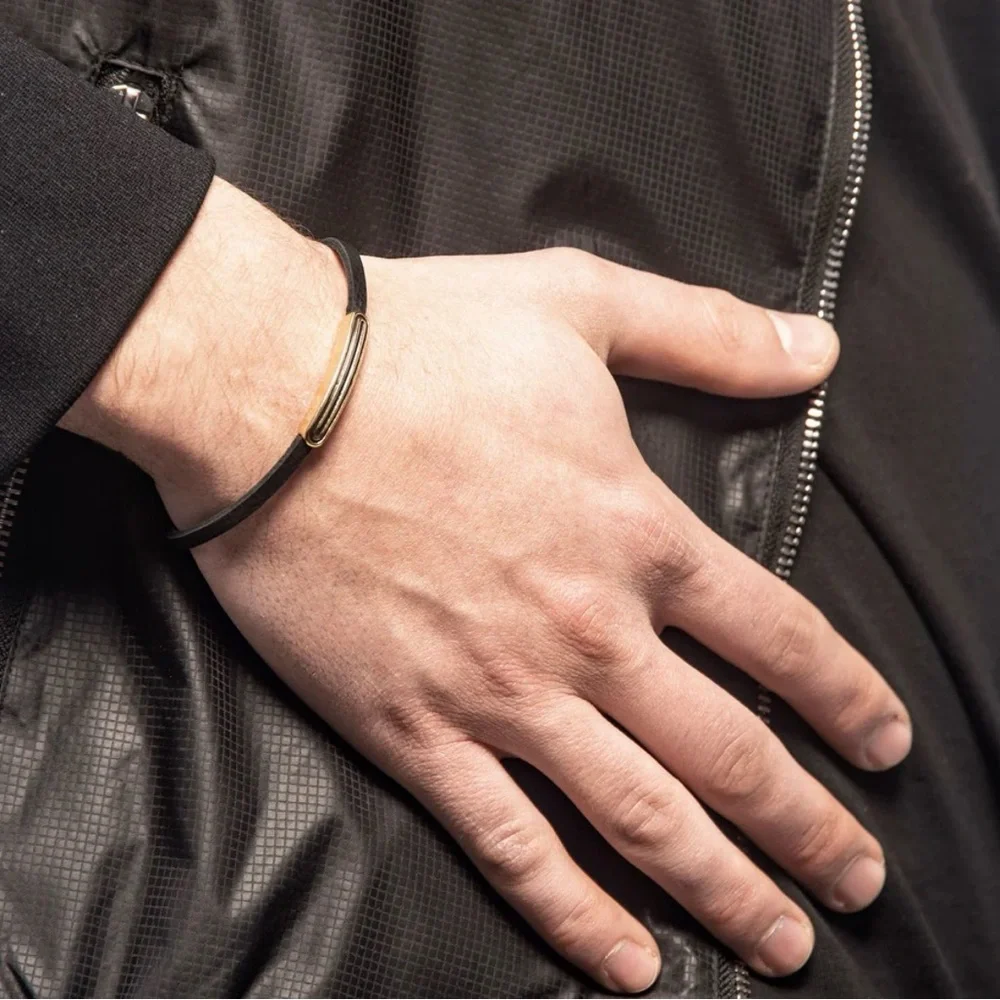 MARCO DAL MASO ACIES IPNOTIC BRACELET Yellow Gold, Black Enamel, Black Leather